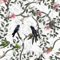 australian forest birdland mural white