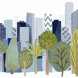 city skylines blue city treeline 