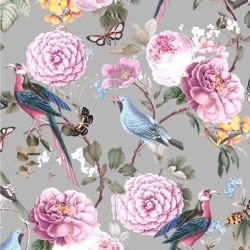 jungle chic blooming birds grey