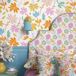 nature depiction concept bedhead  cushions and wallpaper